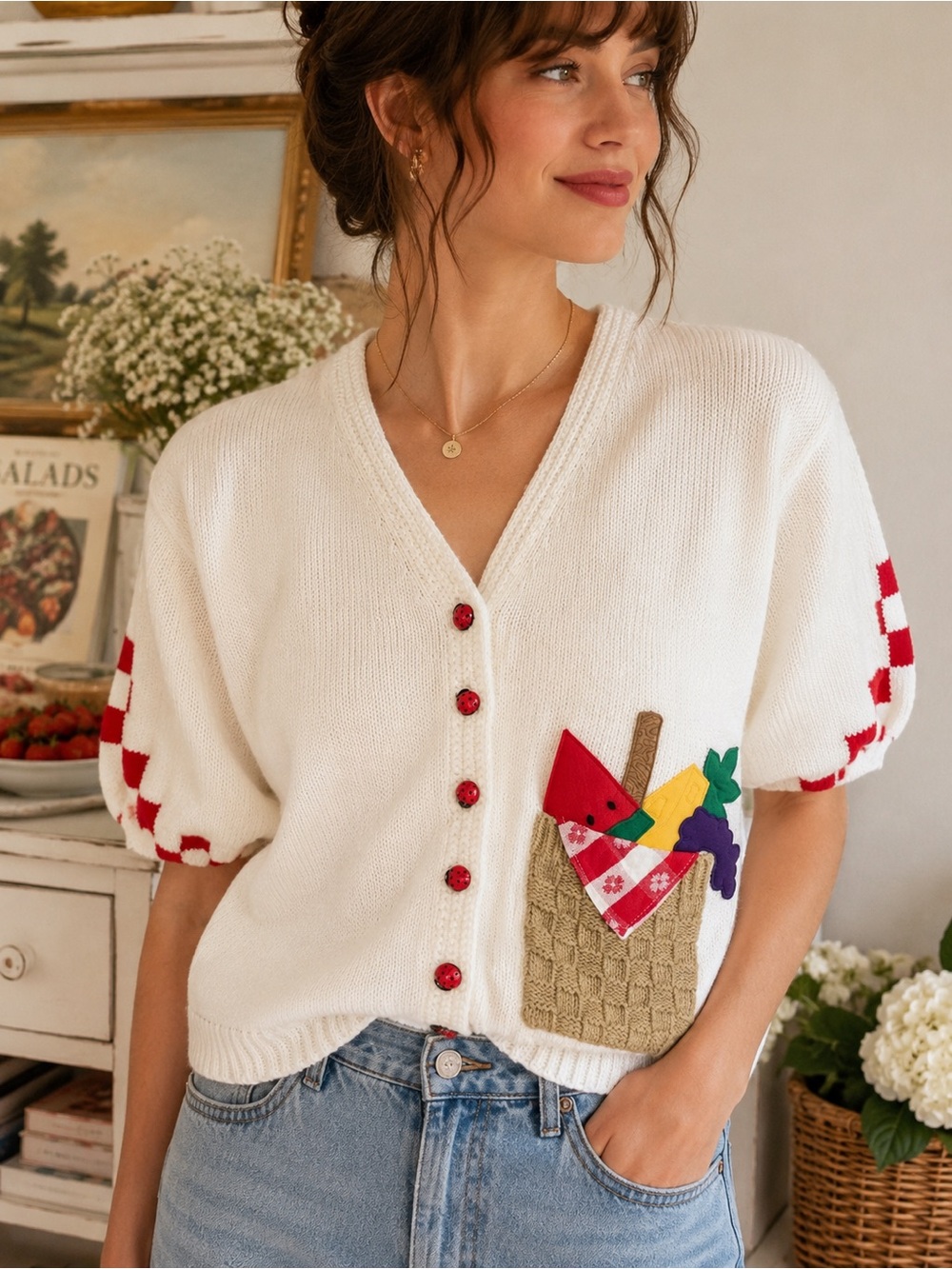 Vintage Rare Sharon Young Picnic Basket Novelty Cardigan Sweater Large